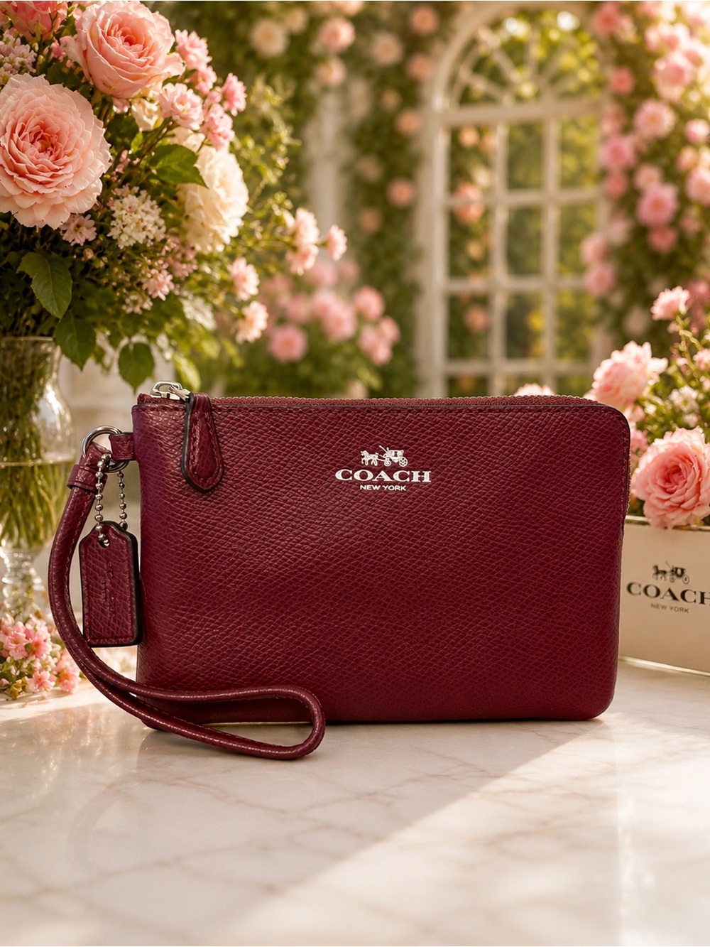 Coach Corner Zip Wristlet Oxblood Burgundy Crossgrain EUC